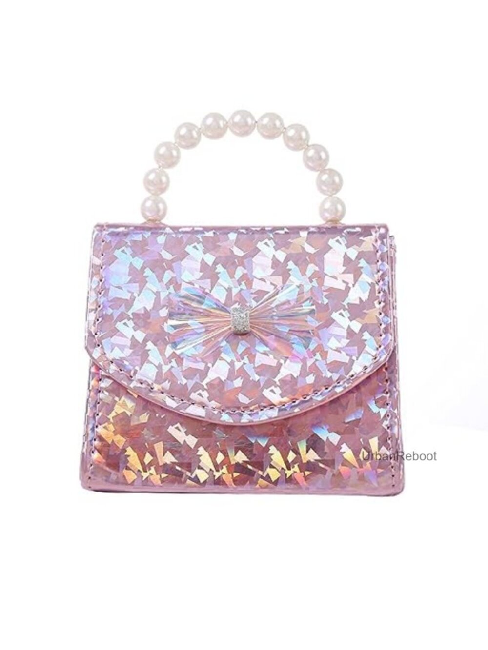 Kids Mini Purse Shiny Holographic Handbag with Pearl Handle Gold Chain Bowknot